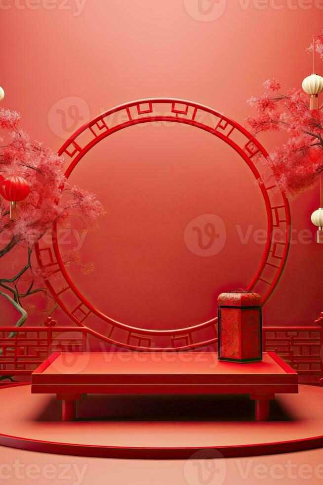 generatief ai, rood podium met lantaarn Chinese nieuw jaar en geschenk doos Product staan podium achtergrond voetstuk 3d foto