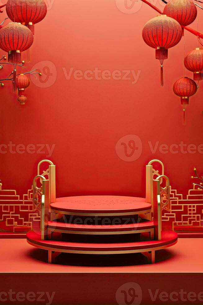 generatief ai, rood podium met lantaarn Chinese nieuw jaar en geschenk doos Product staan podium achtergrond voetstuk 3d foto