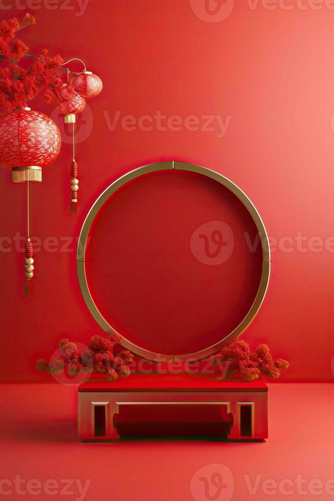 generatief ai, rood podium met lantaarn Chinese nieuw jaar en geschenk doos Product staan podium achtergrond voetstuk 3d foto