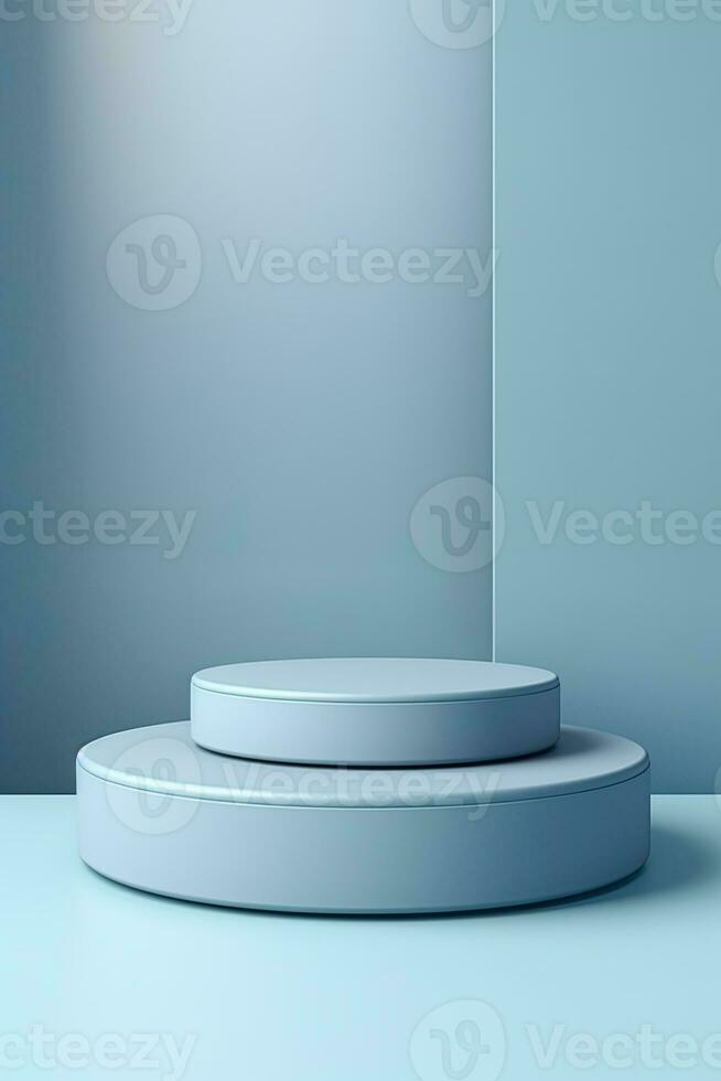 generatief ai, minimaal podia voor Product Scherm staan voetstuk studio blauw pastel kleur achtergrond 3d foto