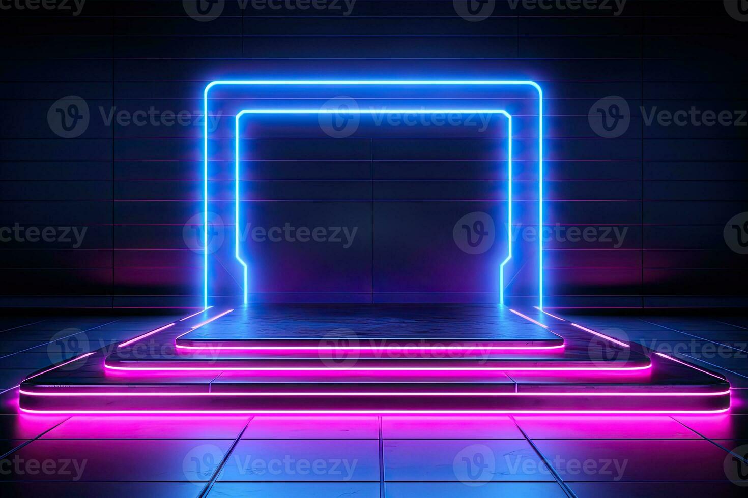 generatief ai, metaal verlichting neon podium cyberpunk onwerkelijk stad roze blauw neon lasers stadium Product Scherm achtergrond, 3d illustratie leeg Scherm toonzaal foto