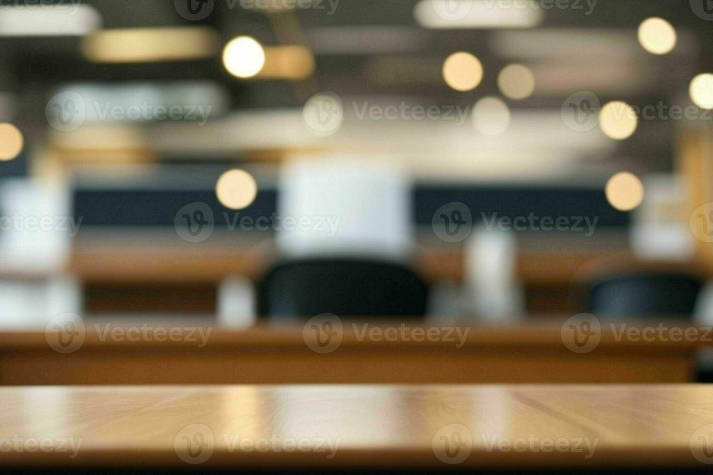 ai gegenereerd hout tafel met wazig in kantoor interieur ruimte achtergrond. ai generatief pro foto