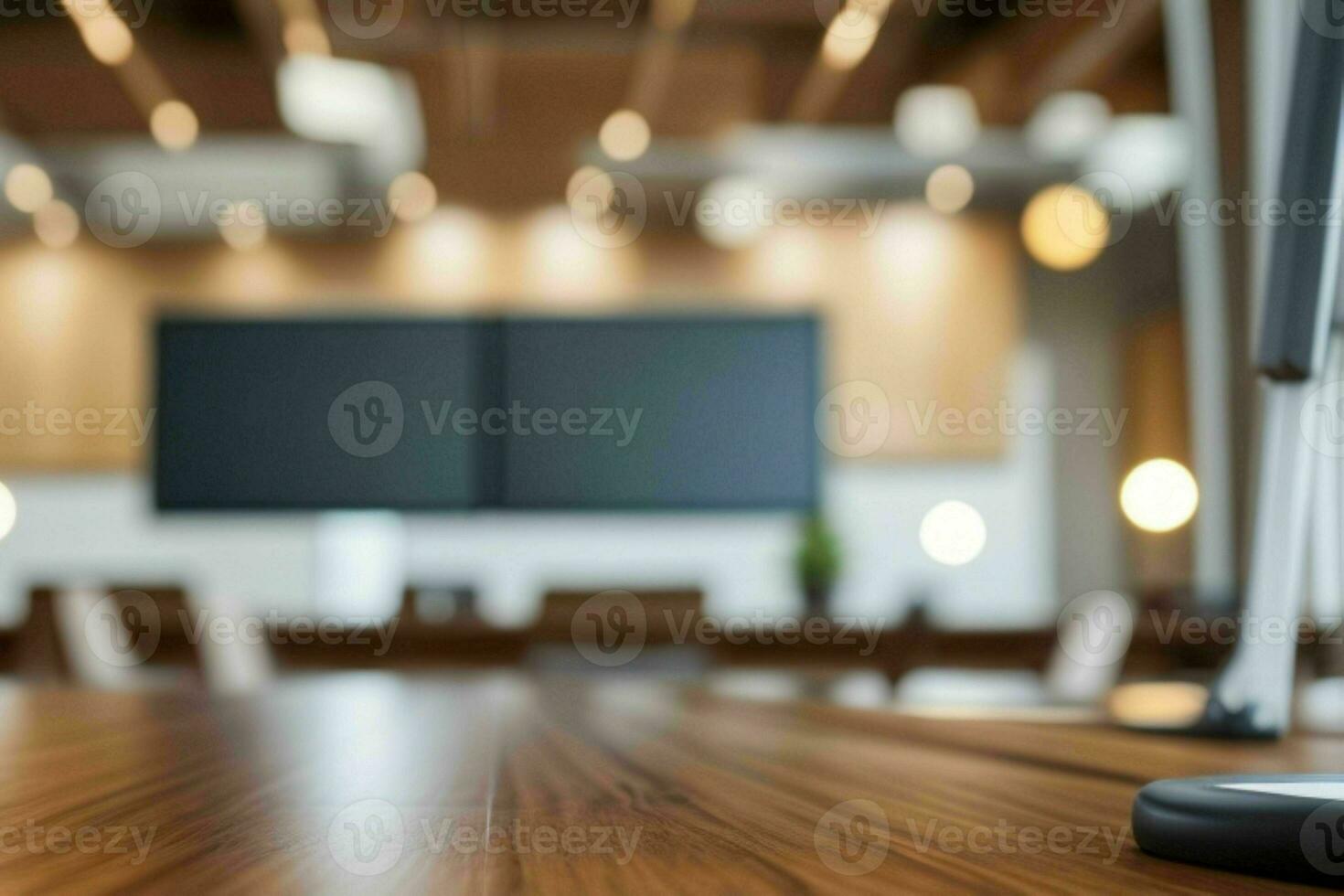 ai gegenereerd hout tafel met wazig in kantoor interieur ruimte achtergrond. ai generatief pro foto