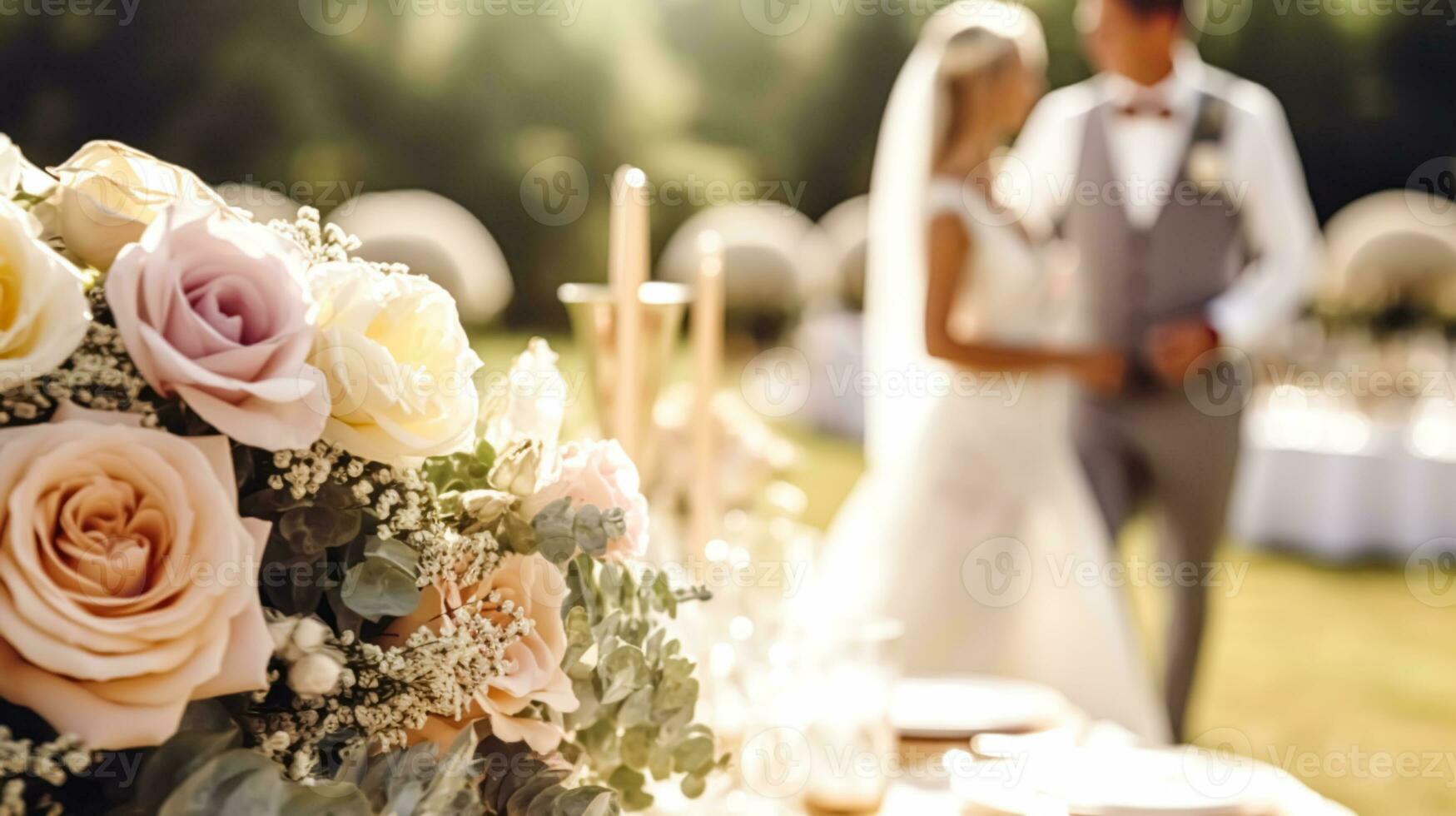 bruiloft ceremonie en viering, bruid en bruidegom Bij een mooi buitenshuis evenementenlocatie Aan een zonnig dag, luxe bruiloft decor met bloemen en bruids boeket, generatief ai foto