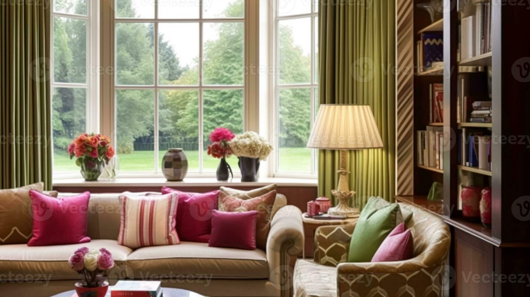 zittend kamer decor, interieur ontwerp en huis verbetering, leven kamer met groot venster en roze huis decor accenten in Engels land huis en elegant huisje stijl, generatief ai foto