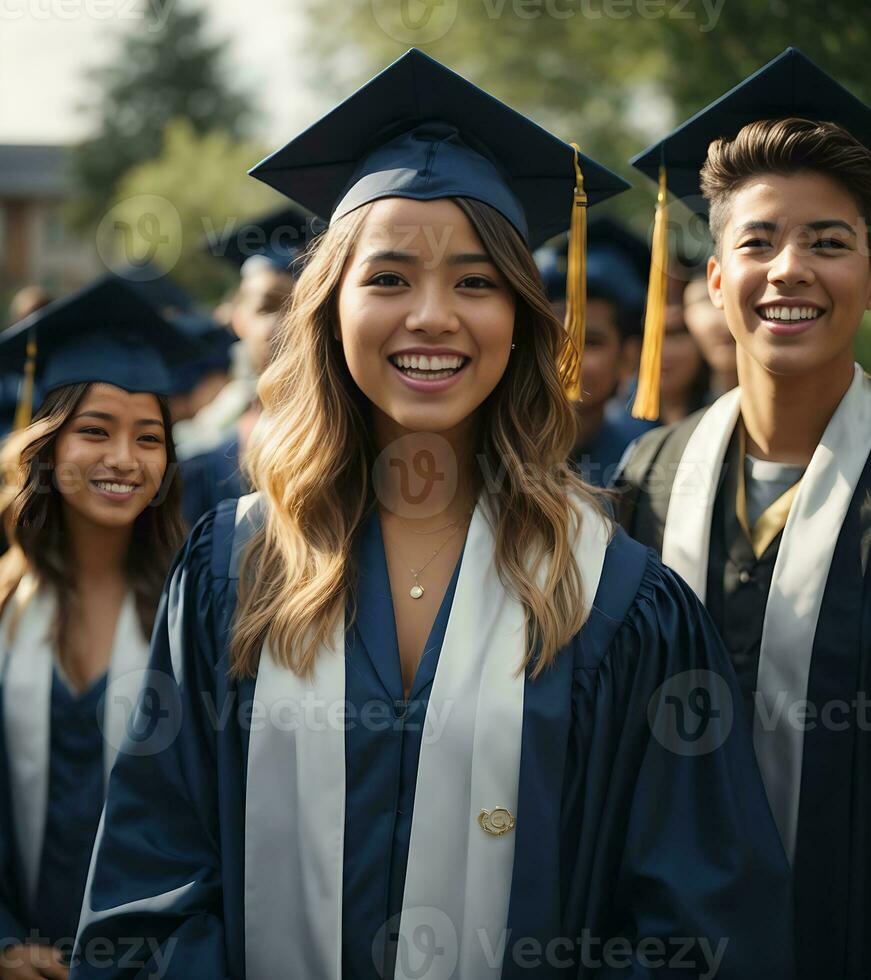 portret van groep van studenten vieren hun diploma uitreiking. ai gegenereerd foto