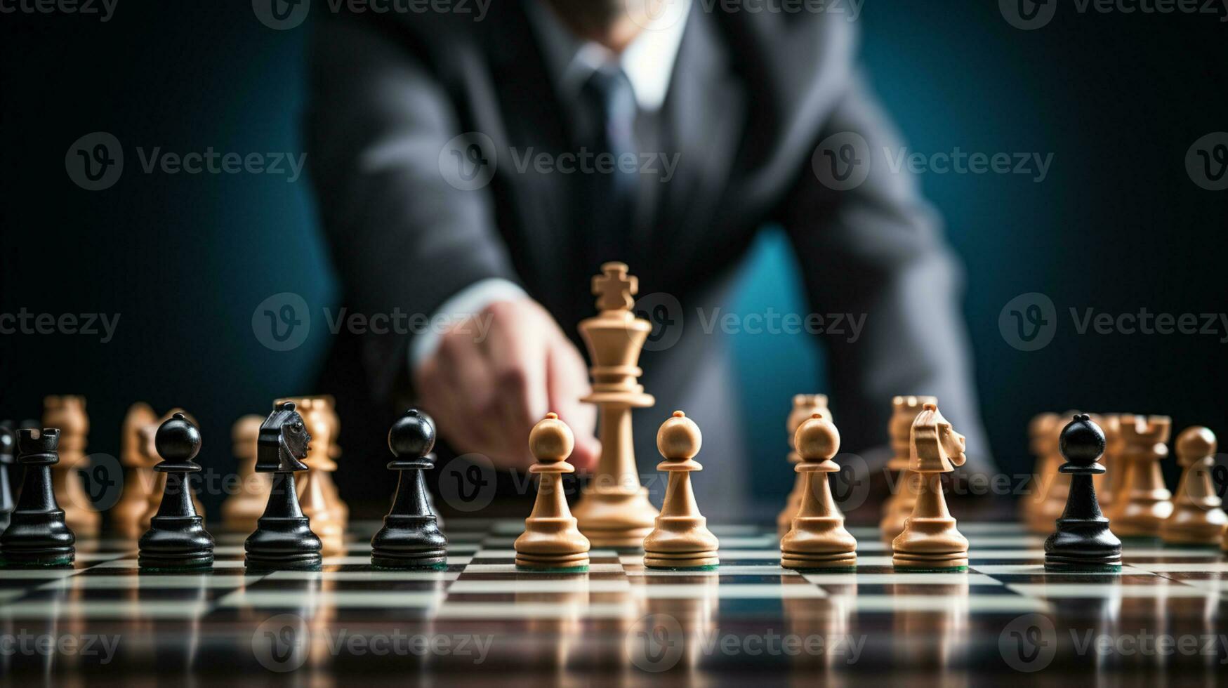 zakenman controle schaak spel concept voor ideeën bedrijf strategie beheer, ontwikkeling nieuw strategie plan, leider en teamwerk, planning voor wedstrijd, ai generatief foto
