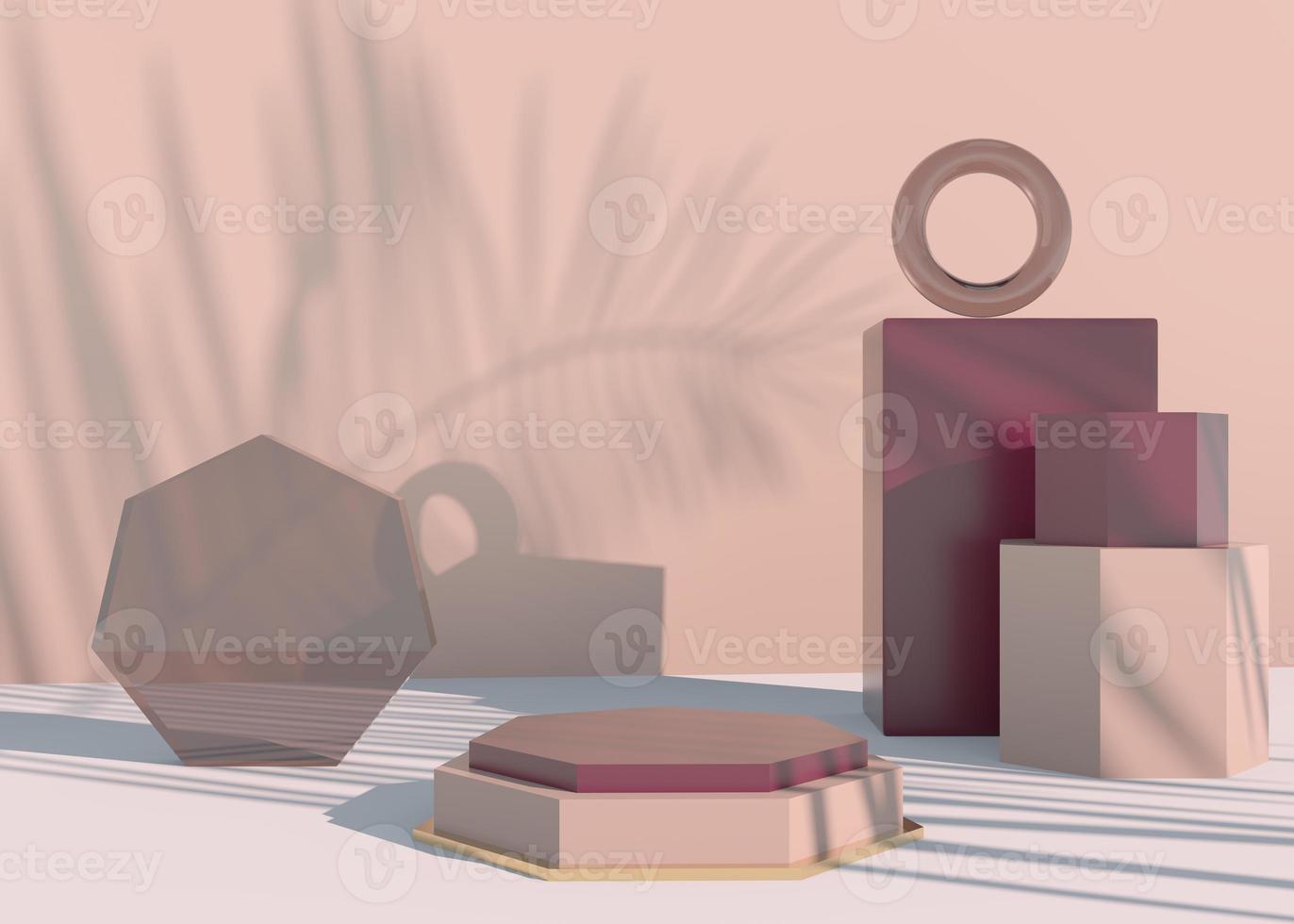 podium met palmbladeren schaduwen voor cosmetische productpresentatie. lege showcase sokkel achtergrond mock up. 3D render. foto