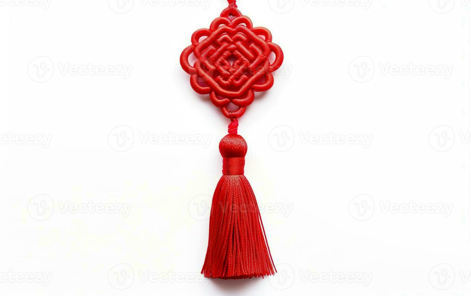 Chinese symmetrisch ornament, een rood knoop met borstel rand geïsoleerd Aan wit achtergrond. symbool van mooi zo geluk. ai generatief foto