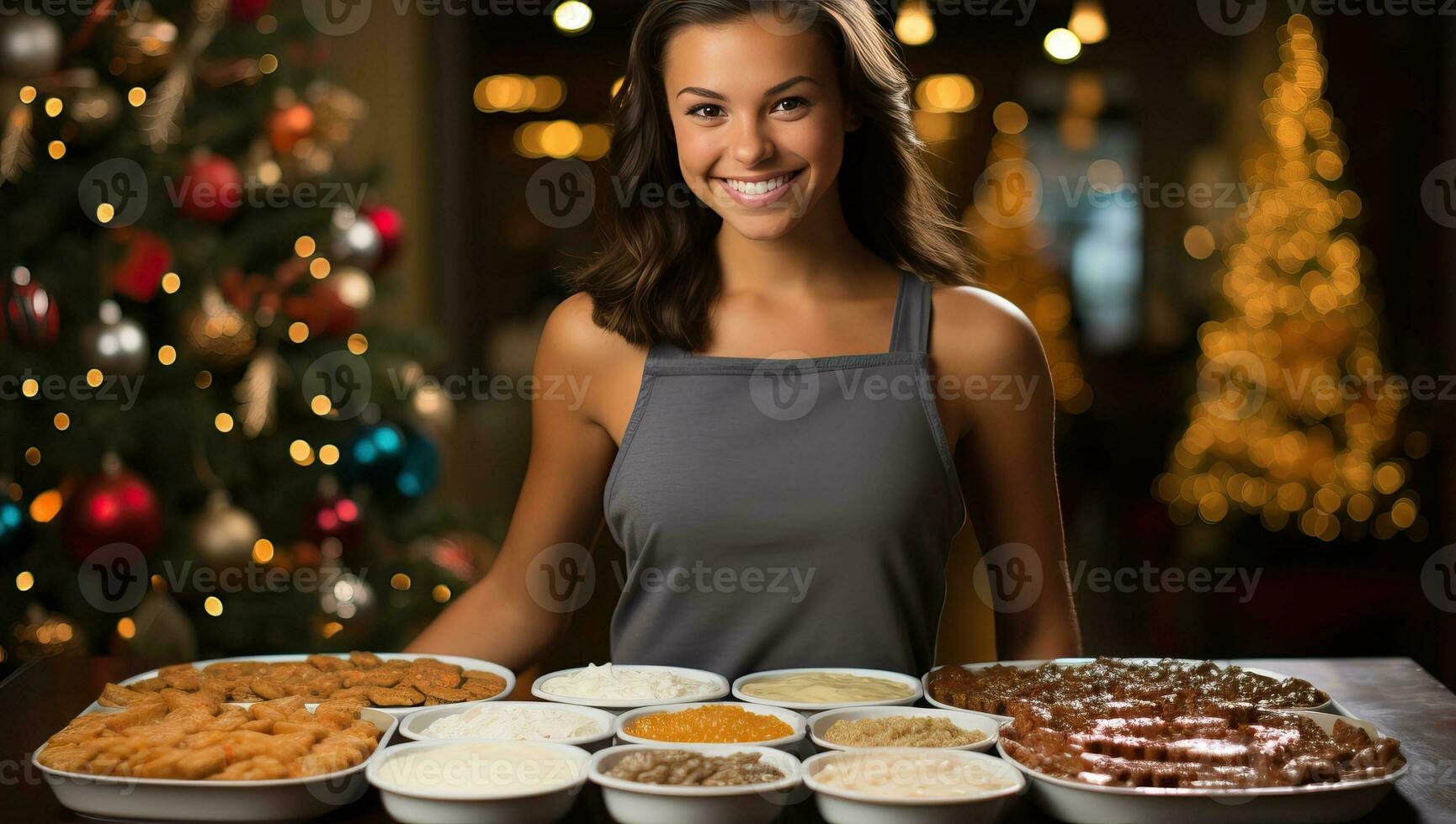 portret van een jong vrouw Bij de Kerstmis tafel. ai gegenereerd. foto