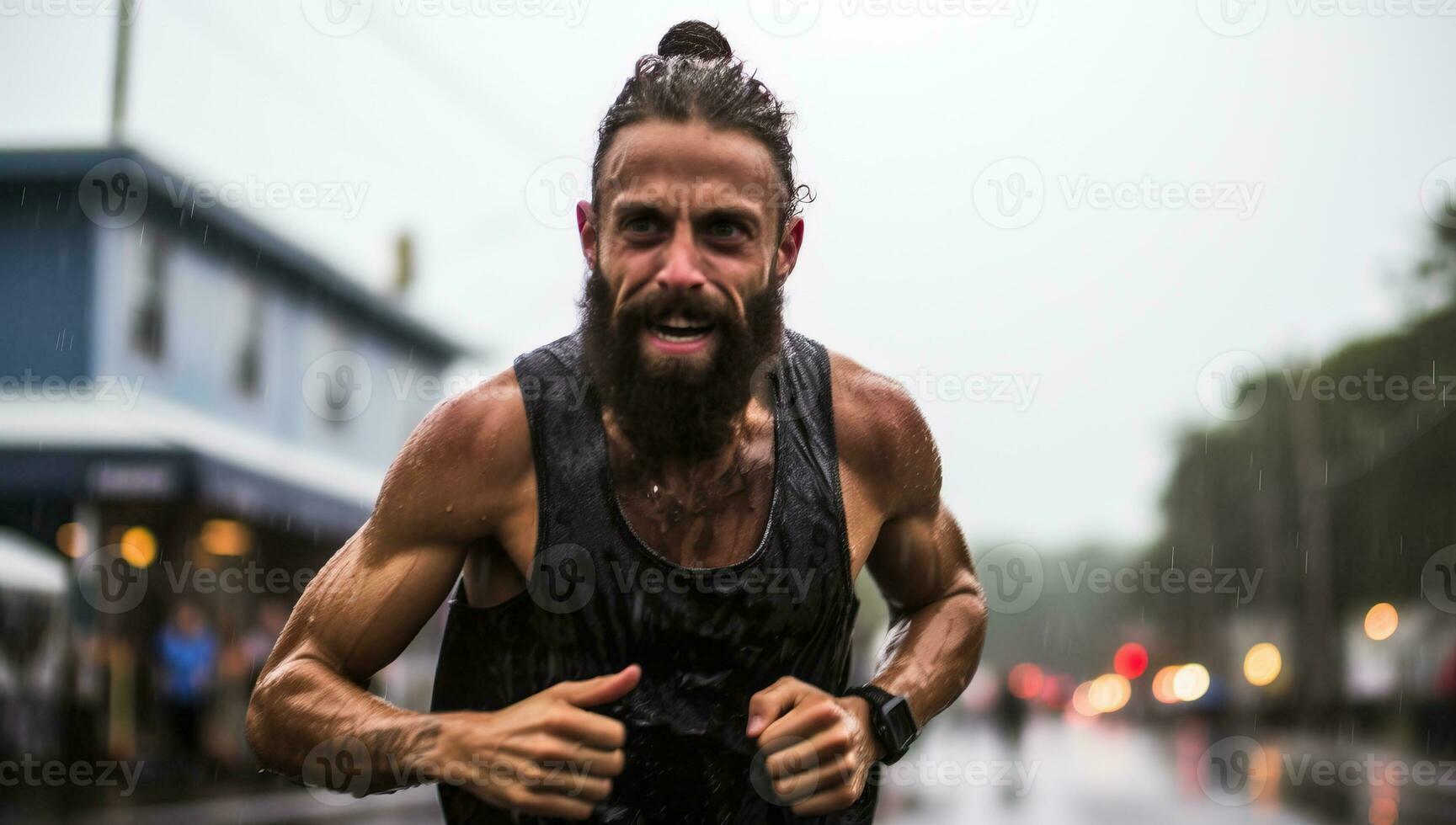 Mens rennen in de regen Aan een stad straat. ai gegenereerd. foto