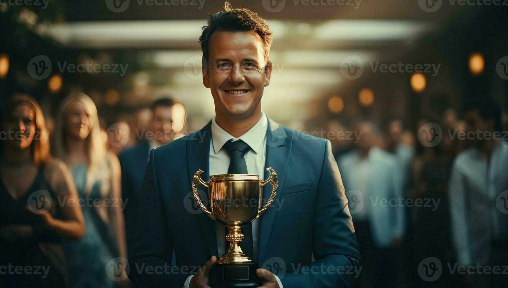 portret van een gelukkig zakenman Holding een trofee terwijl staand in kantoor. ai gegenereerd. foto