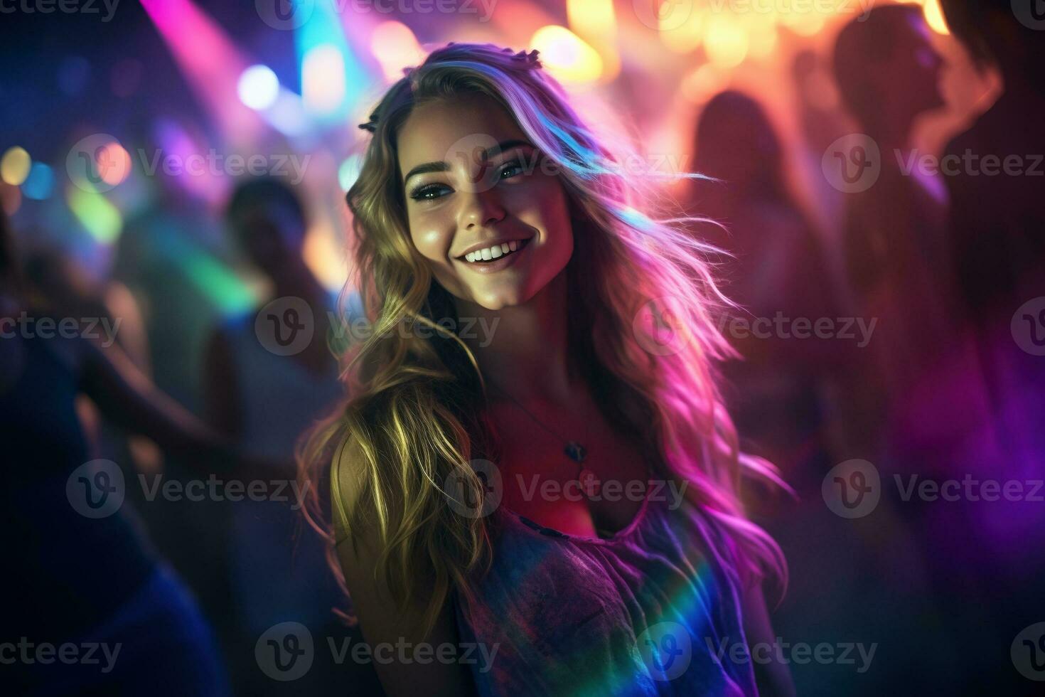 portret van jong mooi vrouw dansen in nacht club met lichten. ai gegenereerd foto