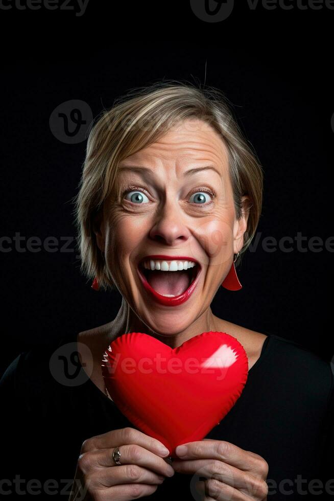 portret van een gelukkig vrouw met rood hart.valentijnsdag dag concept ai gegenereerd foto