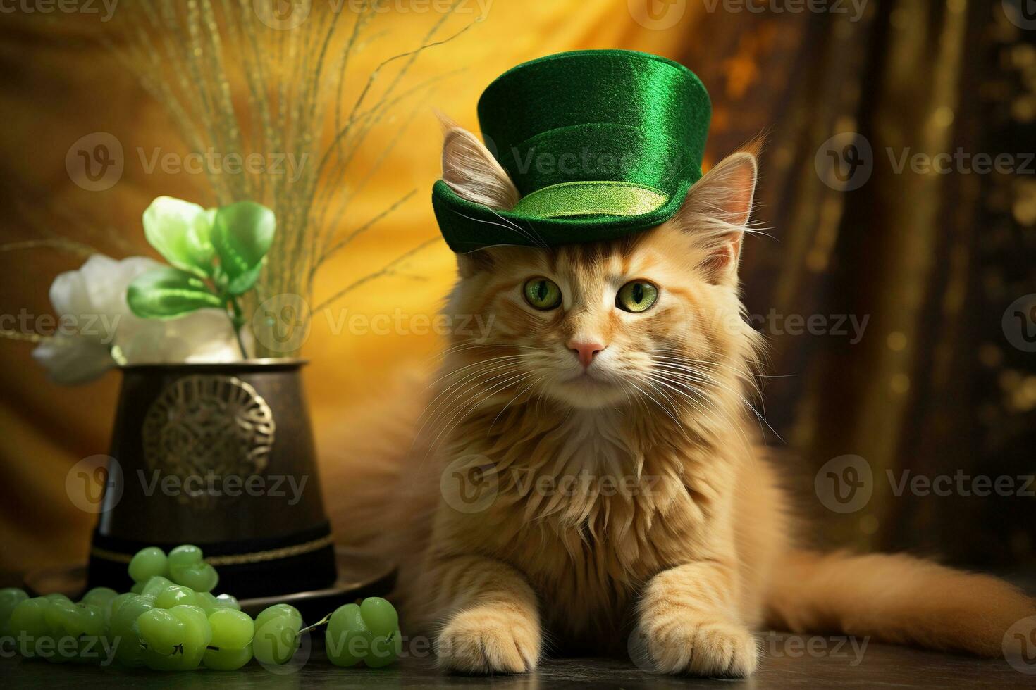 schattig kat vervelend een groen top hoed voor st. Patrick dag. ai gegenereerd foto