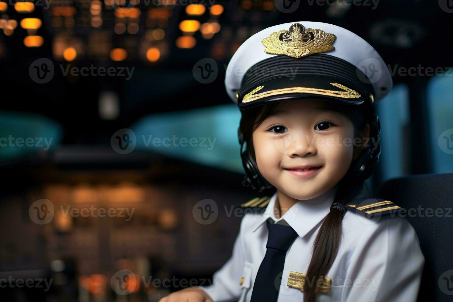 portret van een schattig Aziatisch weinig meisje in een piloot uniform ai gegenereerd foto