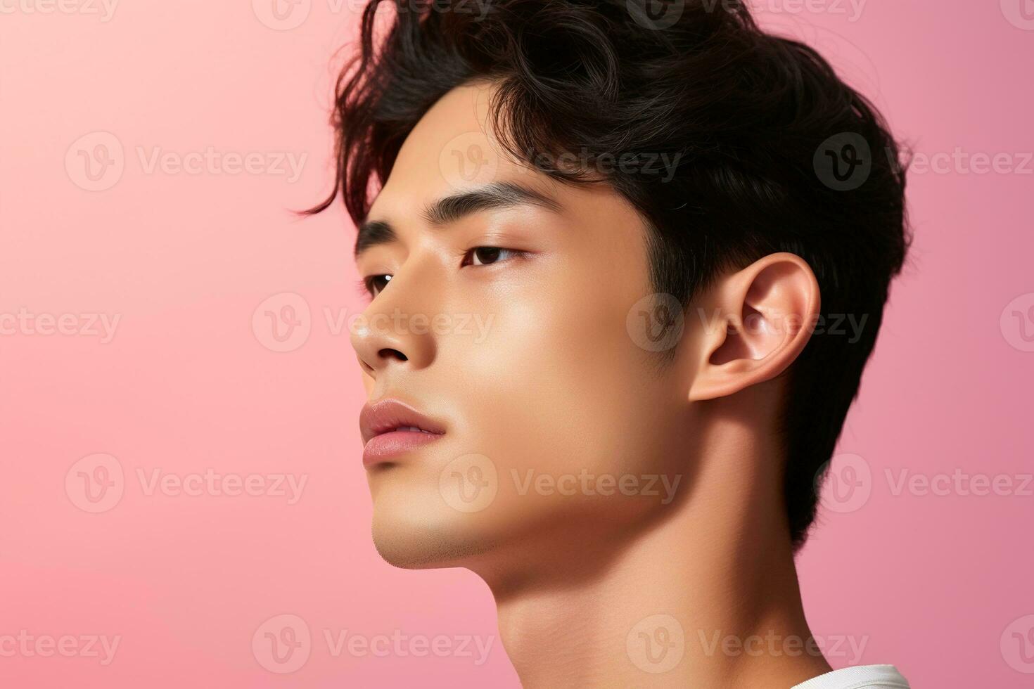 portret van een mooi jong Aziatisch Mens Aan roze achtergrond.aziatisch schoonheid ai gegenereerd foto