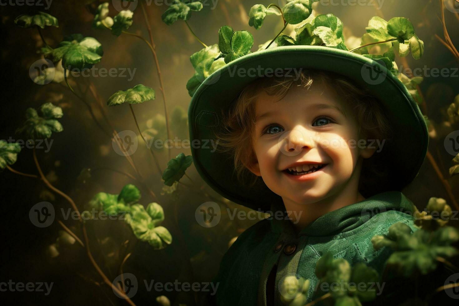 portret van een glimlachen jongen in een elf van Ierse folklore kostuum. st. Patrick dag. ai gegenereerd foto