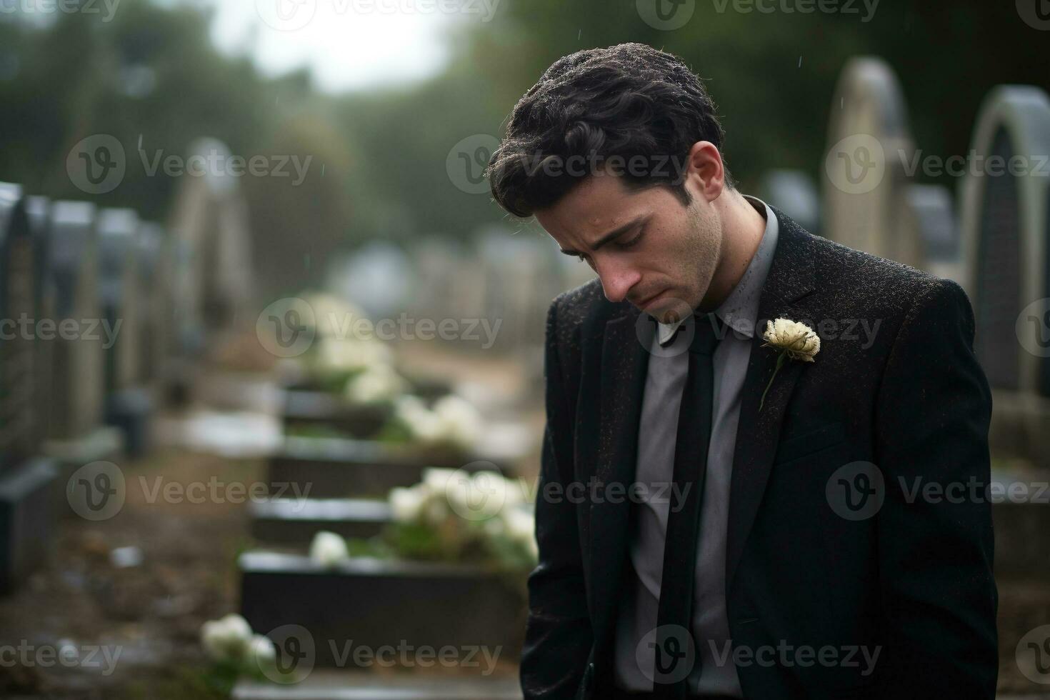 portret van een verdrietig en depressief Mens in een zwart jas Aan de achtergrond van een begraafplaats.begrafenis concept ai gegenereerd foto