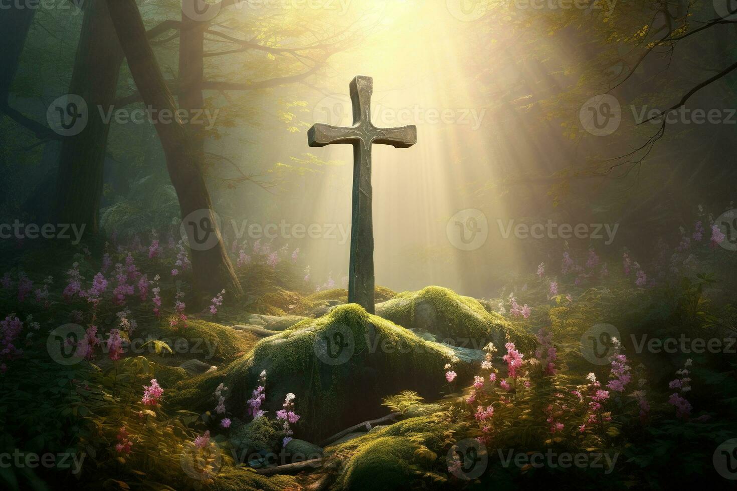 houten kruis in de Woud met zonlicht in de ochtend- ai gegenereerd foto