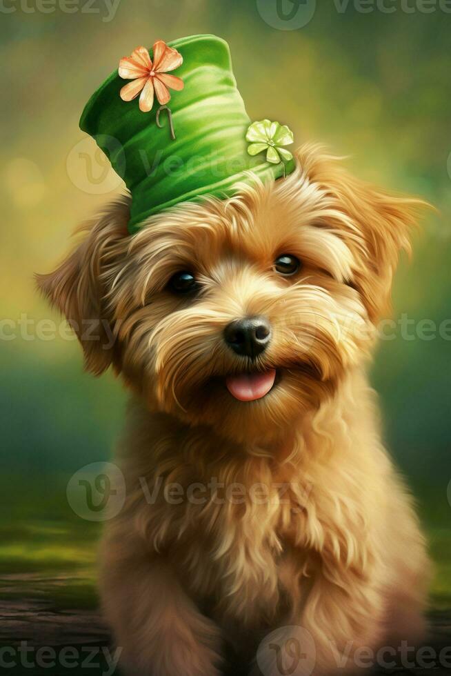 schattig puppy in groen top hoed. st. Patrick dag. ai gegenereerd foto