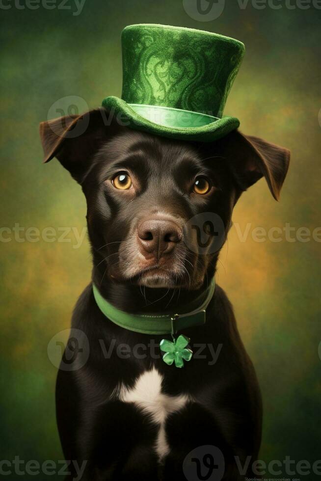 schattig puppy in groen top hoed. st. Patrick dag. ai gegenereerd foto