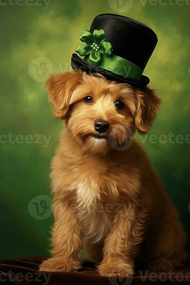 schattig puppy in groen top hoed. st. Patrick dag. ai gegenereerd foto