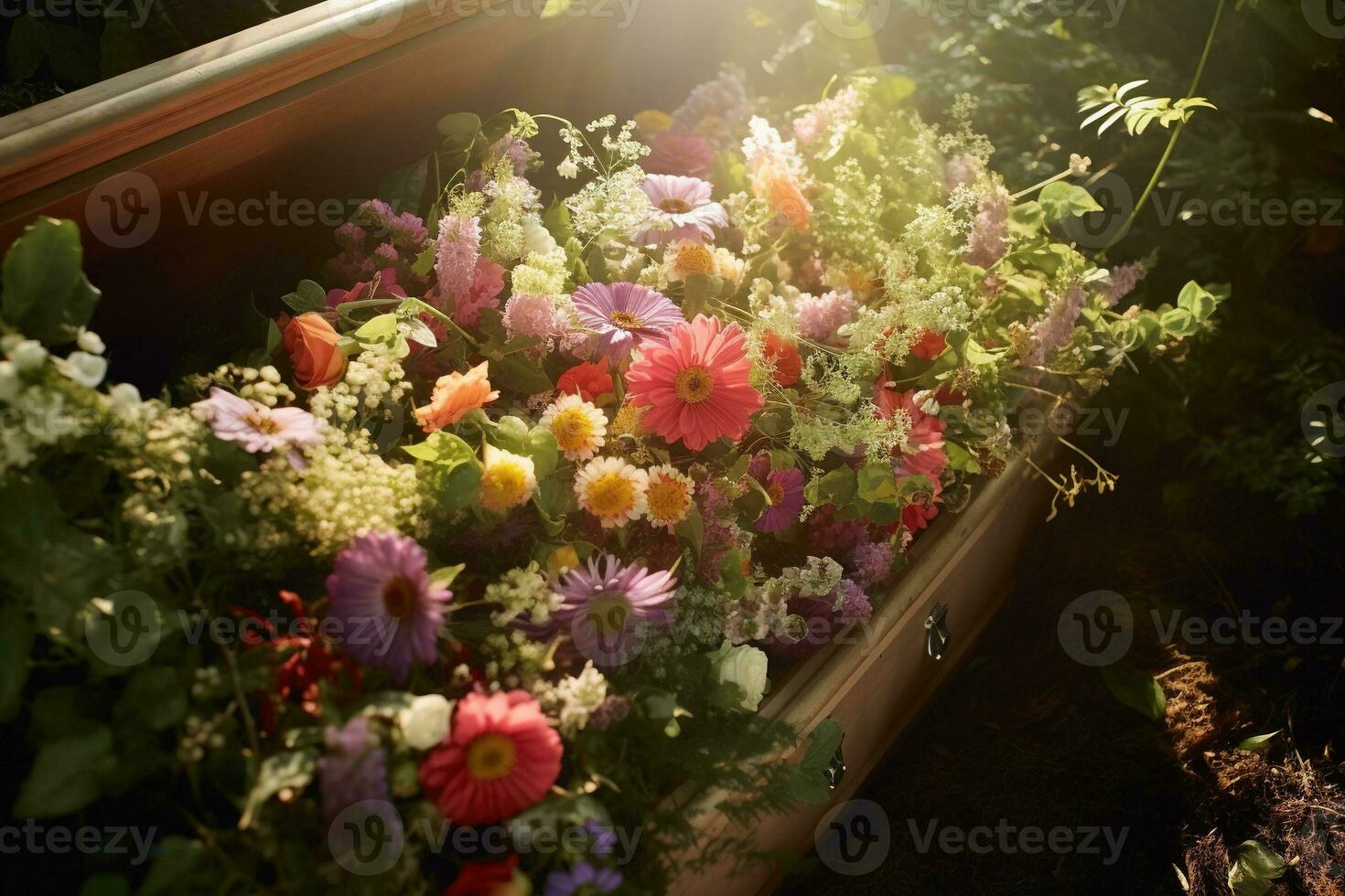 kleurrijk bloemen Aan de graf in de begraafplaats, begrafenis concept. ai gegenereerd foto