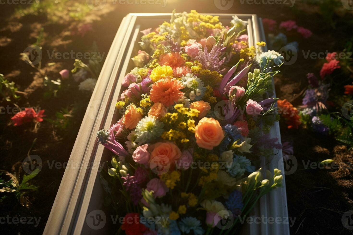 kleurrijk bloemen Aan de graf in de begraafplaats, begrafenis concept. ai gegenereerd foto