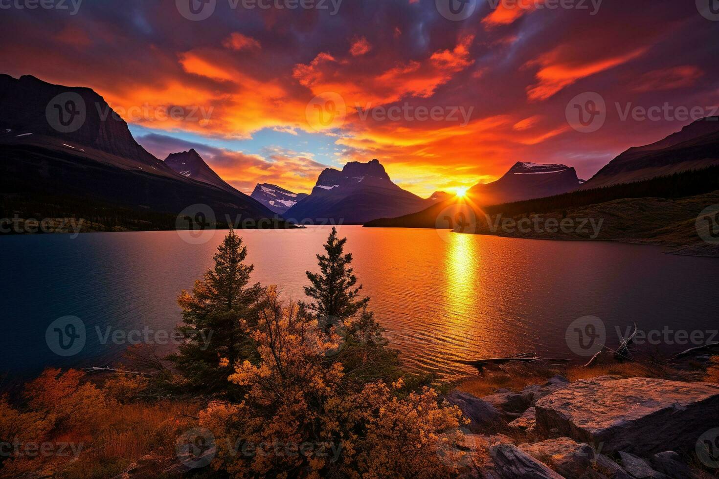 majestueus zonsondergang in gletsjer nationaal park, Montana, Verenigde Staten van Amerika. ai gegenereerd foto