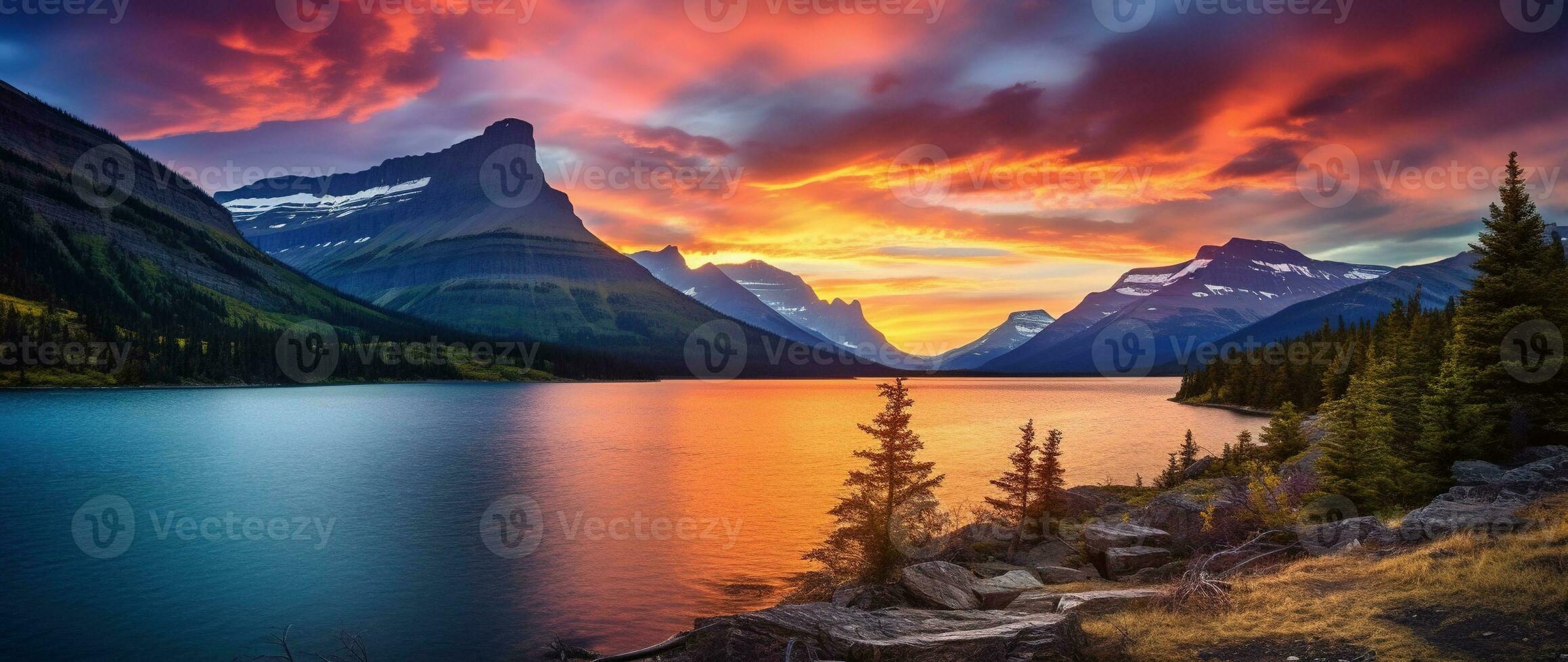 majestueus zonsondergang in gletsjer nationaal park, Montana, Verenigde Staten van Amerika. ai gegenereerd foto