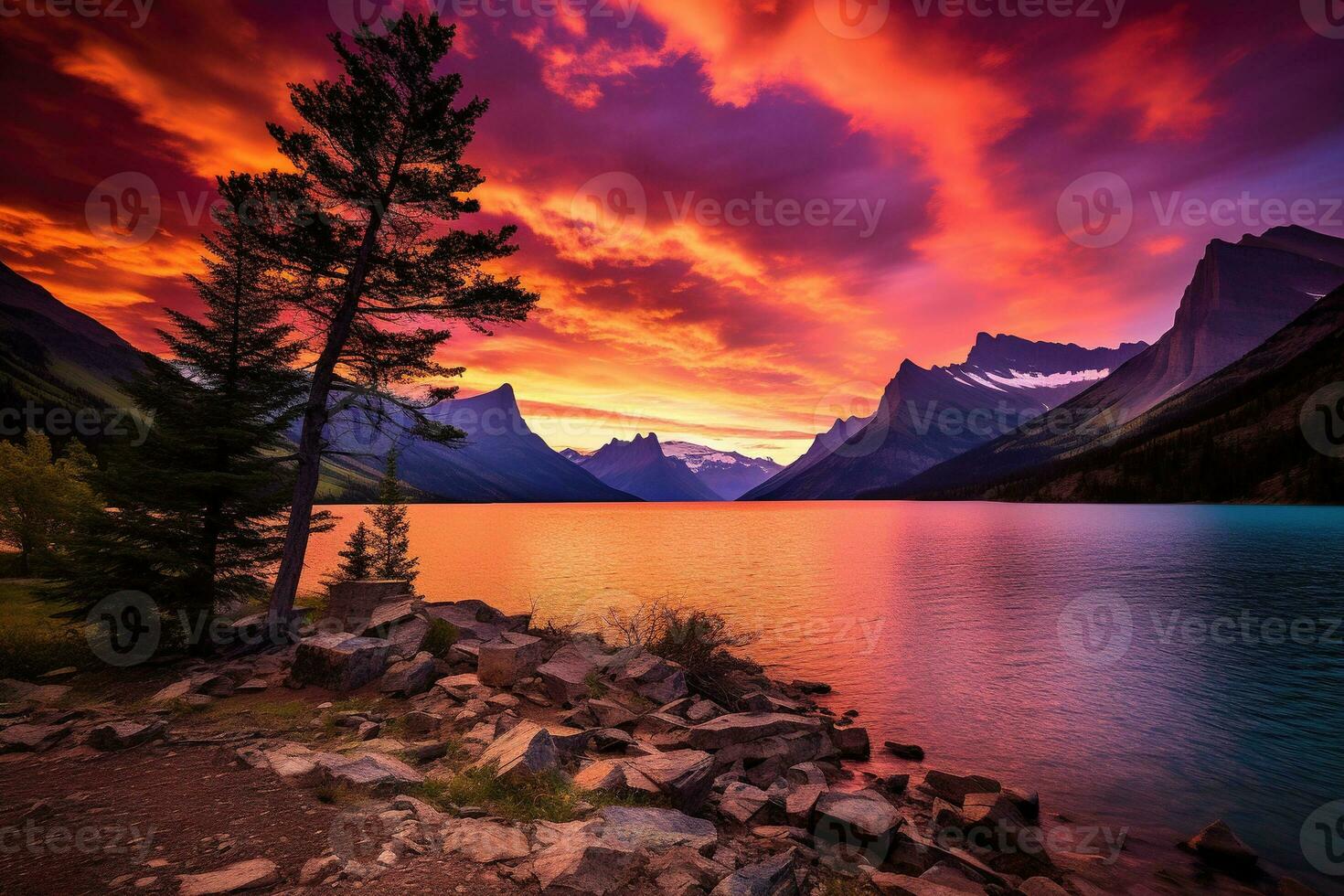 zonsondergang over- gletsjer nationaal park, Montana, Verenigde staten van Amerika ai gegenereerd foto