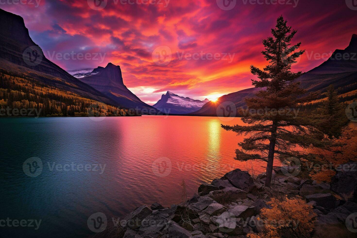 majestueus zonsondergang in gletsjer nationaal park, Montana, Verenigde Staten van Amerika. ai gegenereerd foto