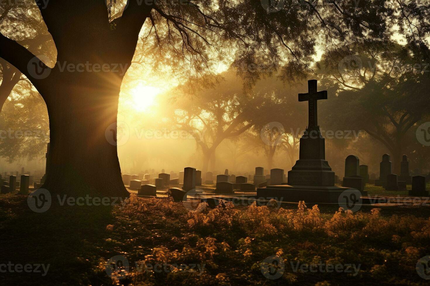 grafstenen in een begraafplaats Bij zonsopkomst ai gegenereerd foto