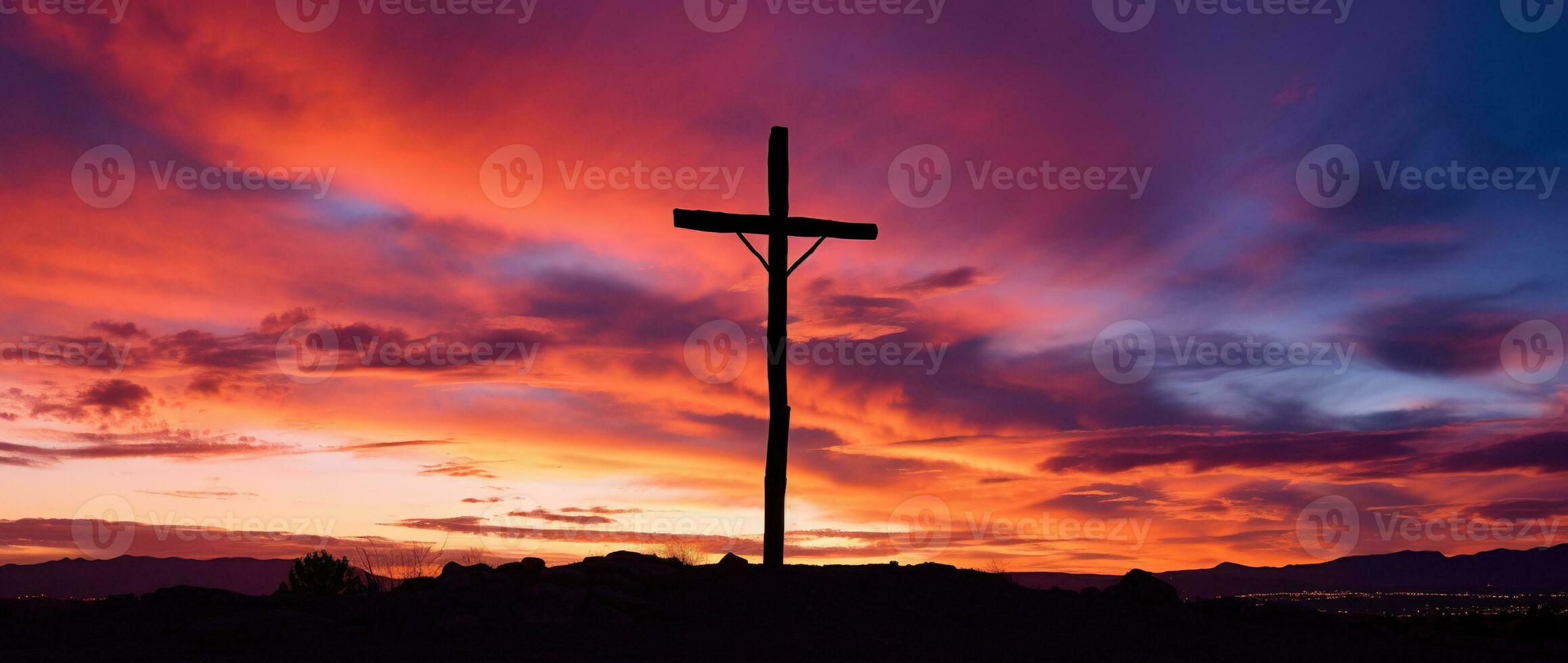 concept of conceptuele hout kruis of religie symbool vorm over- een zonsondergang lucht achtergrond banier ai gegenereerd foto