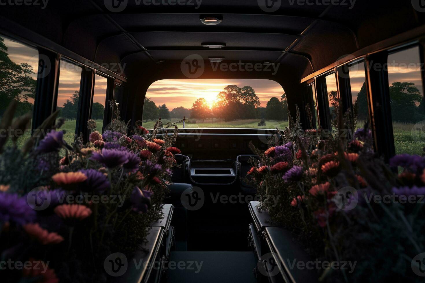 mooi bloemen in een auto Bij zonsondergang. concept van begrafenis. ai gegenereerd foto