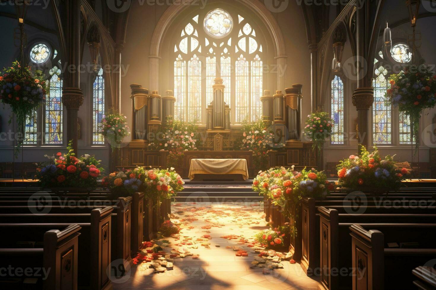 interieur van een kerk met een veel van bloemen in de voorgrond.begrafenis concept ai gegenereerd foto