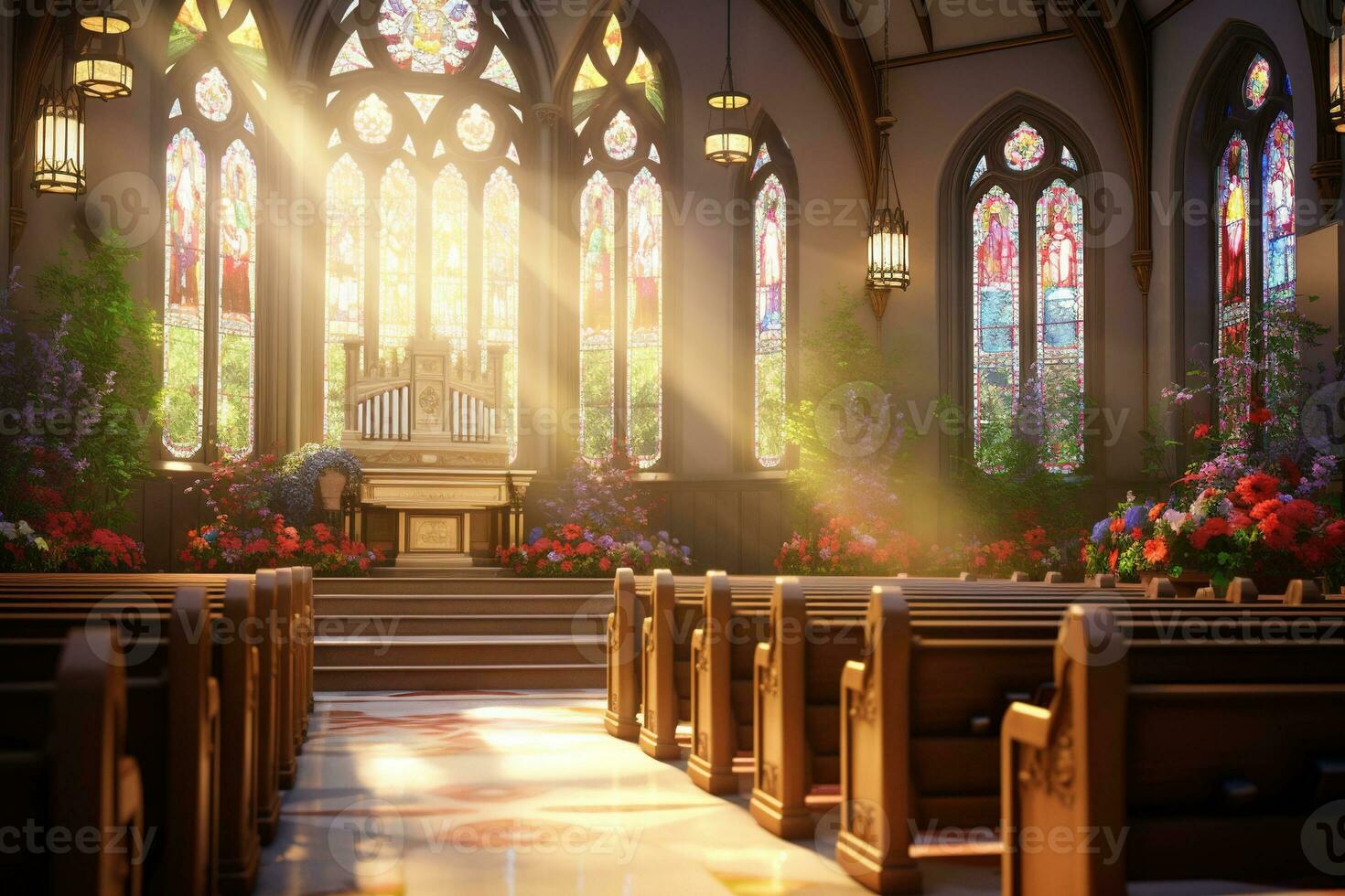 interieur van een kerk met een veel van bloemen in de voorgrond.begrafenis concept ai gegenereerd foto