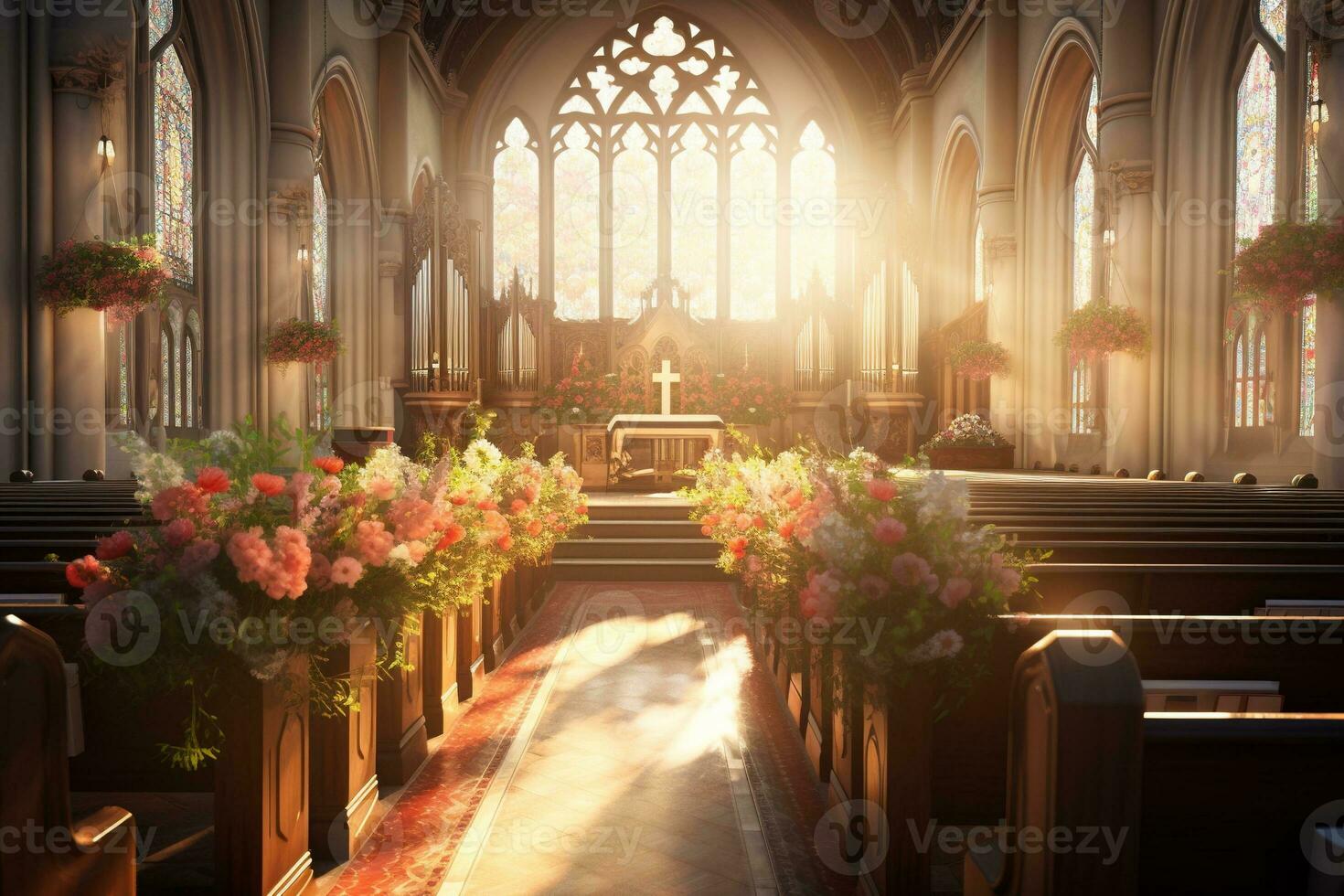 interieur van een kerk met een veel van bloemen in de voorgrond.begrafenis concept ai gegenereerd foto