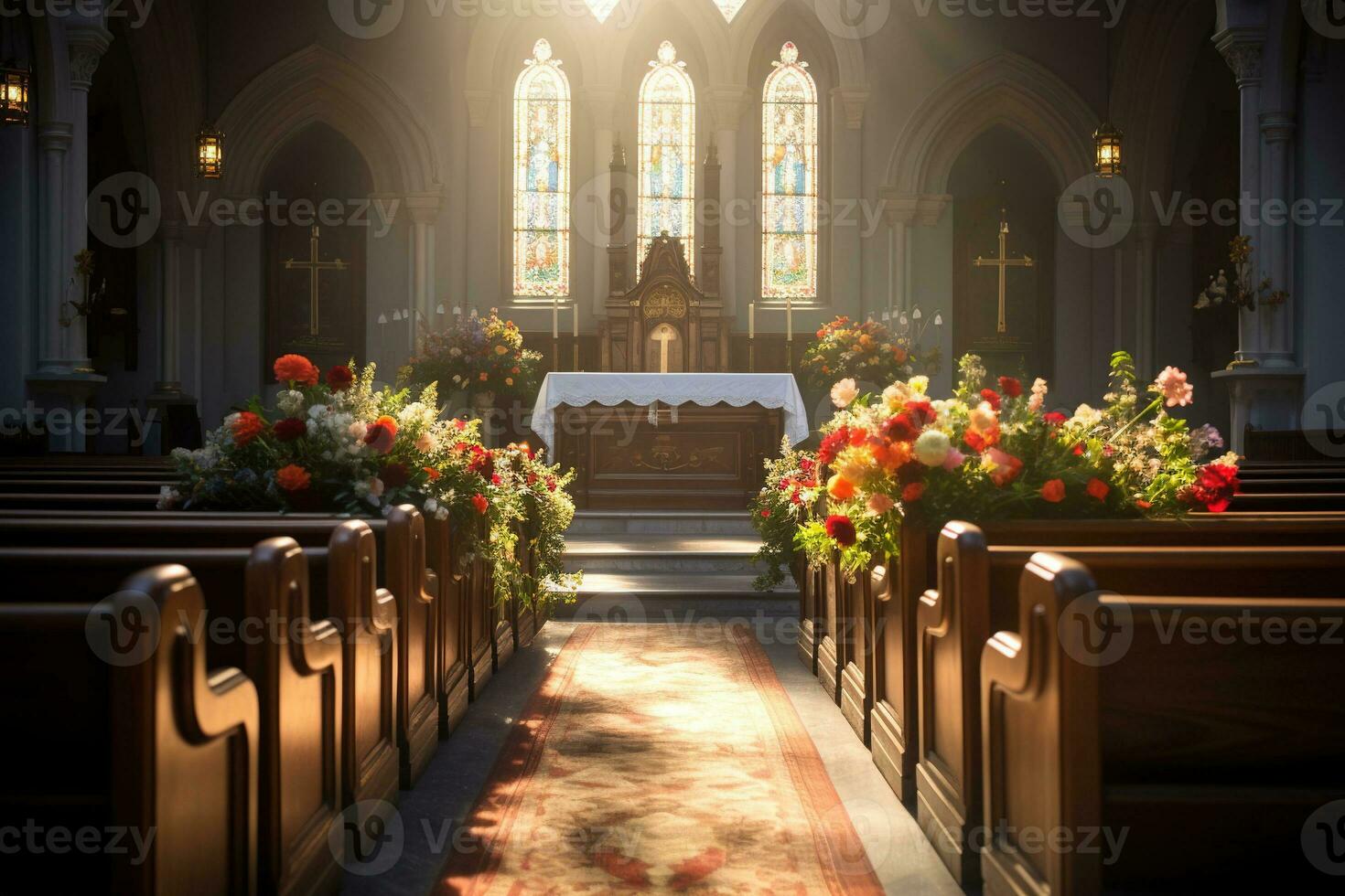 interieur van een kerk met een veel van bloemen in de voorgrond.begrafenis concept ai gegenereerd foto