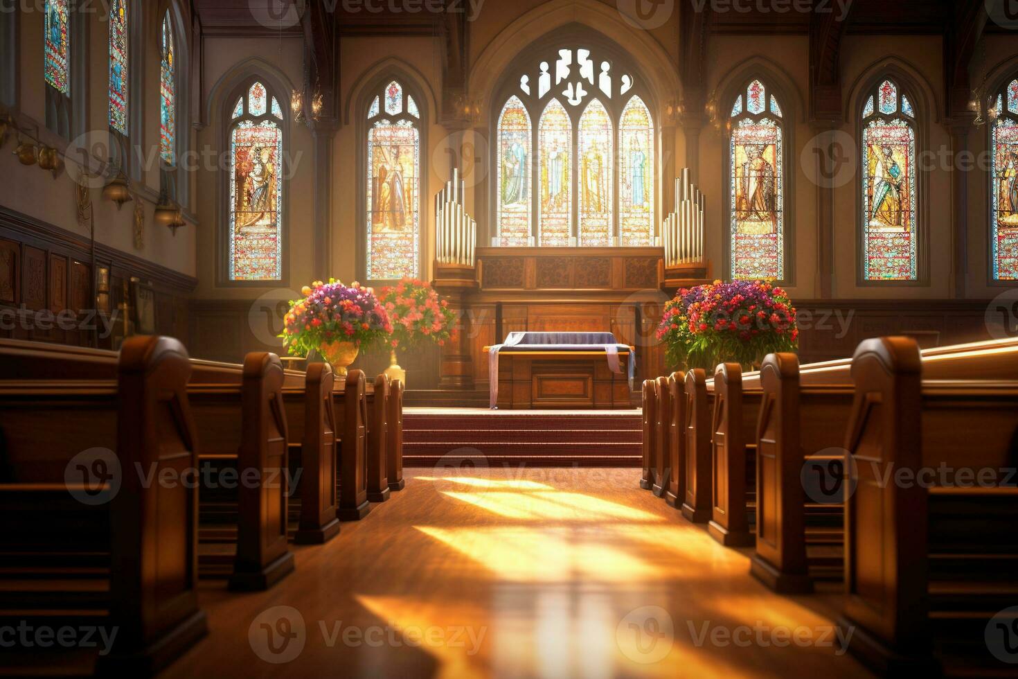 interieur van een kerk met een veel van bloemen in de voorgrond.begrafenis concept ai gegenereerd foto