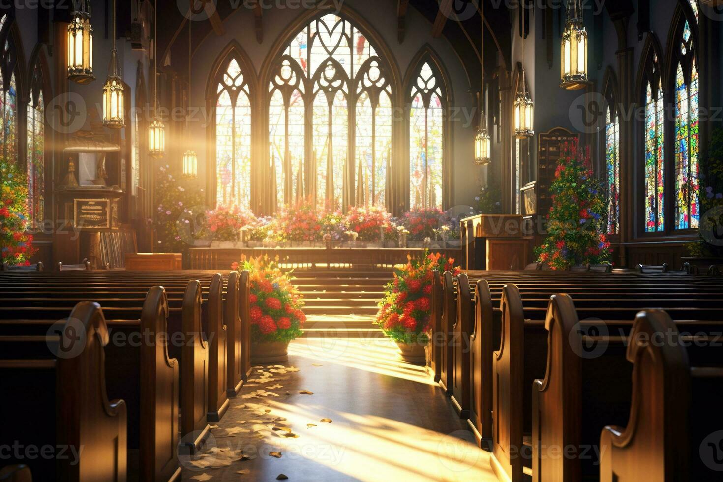 interieur van een kerk met een veel van bloemen in de voorgrond.begrafenis concept ai gegenereerd foto