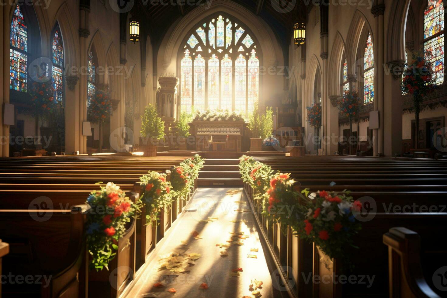 interieur van een kerk met een veel van bloemen in de voorgrond.begrafenis concept ai gegenereerd foto