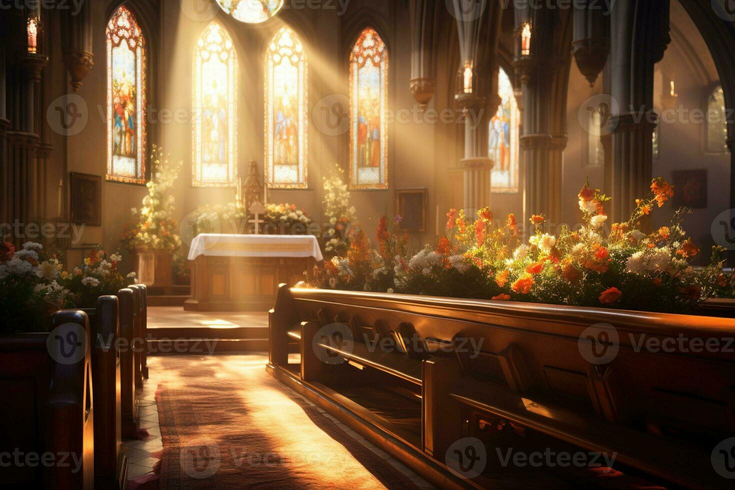 interieur van een kerk met een veel van bloemen in de voorgrond.begrafenis concept ai gegenereerd foto