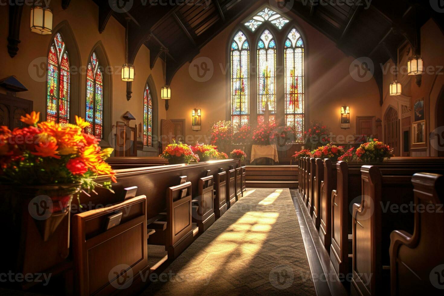 interieur van een kerk met een veel van bloemen in de voorgrond.begrafenis concept ai gegenereerd foto