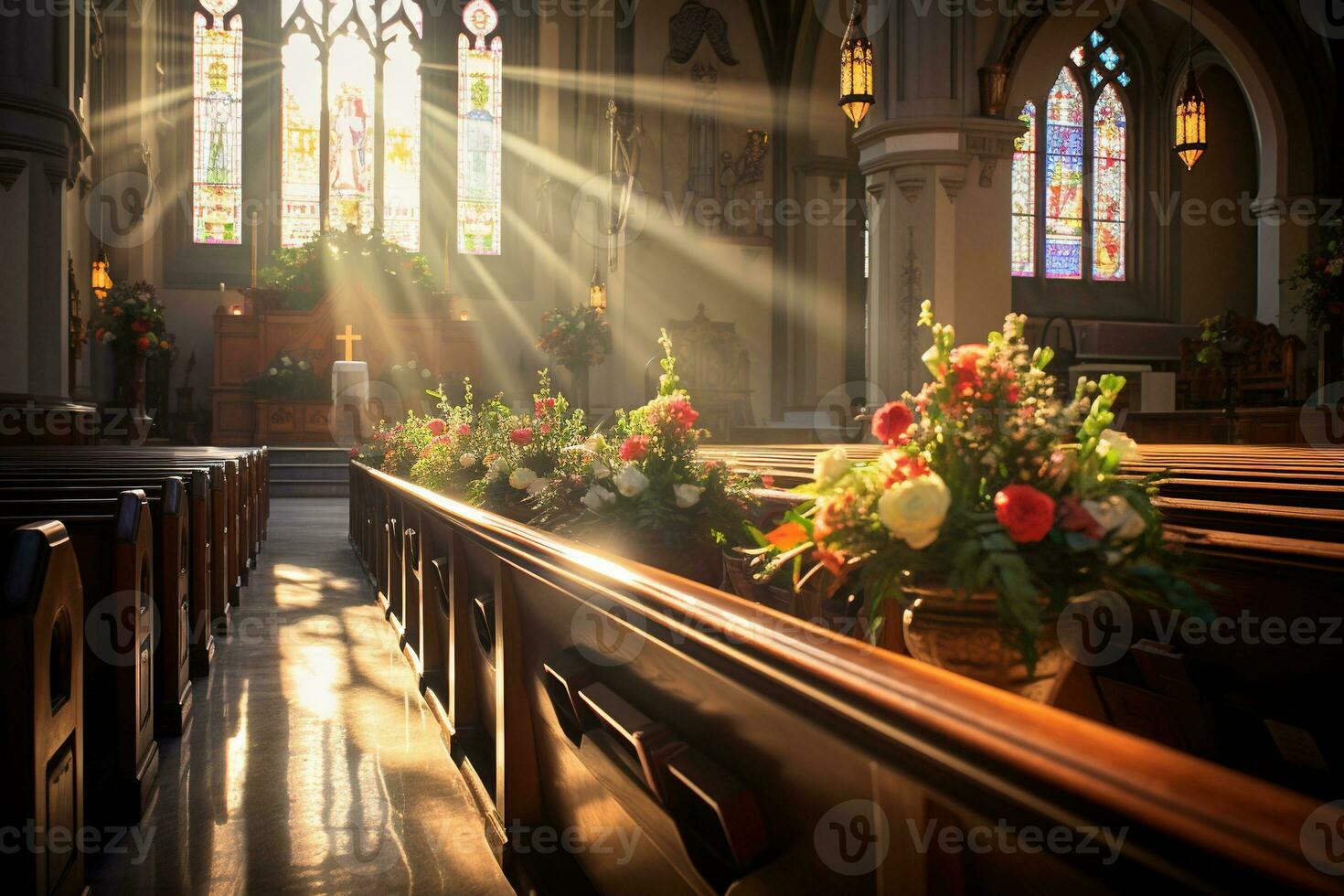 interieur van een kerk met een veel van bloemen in de voorgrond.begrafenis concept ai gegenereerd foto