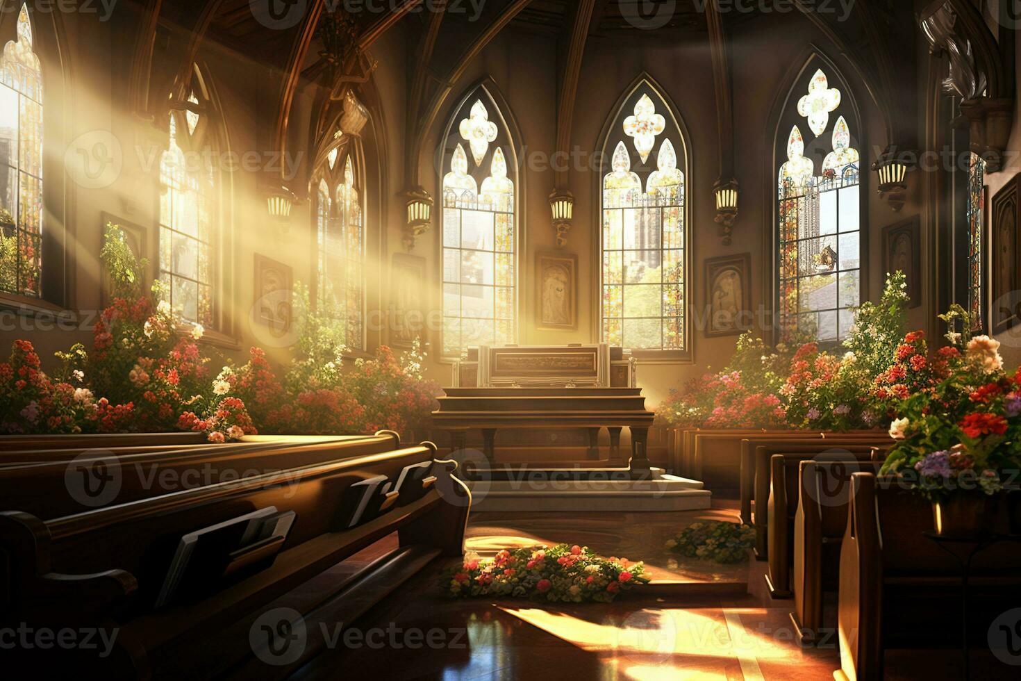 interieur van een kerk met een veel van bloemen in de voorgrond.begrafenis concept ai gegenereerd foto