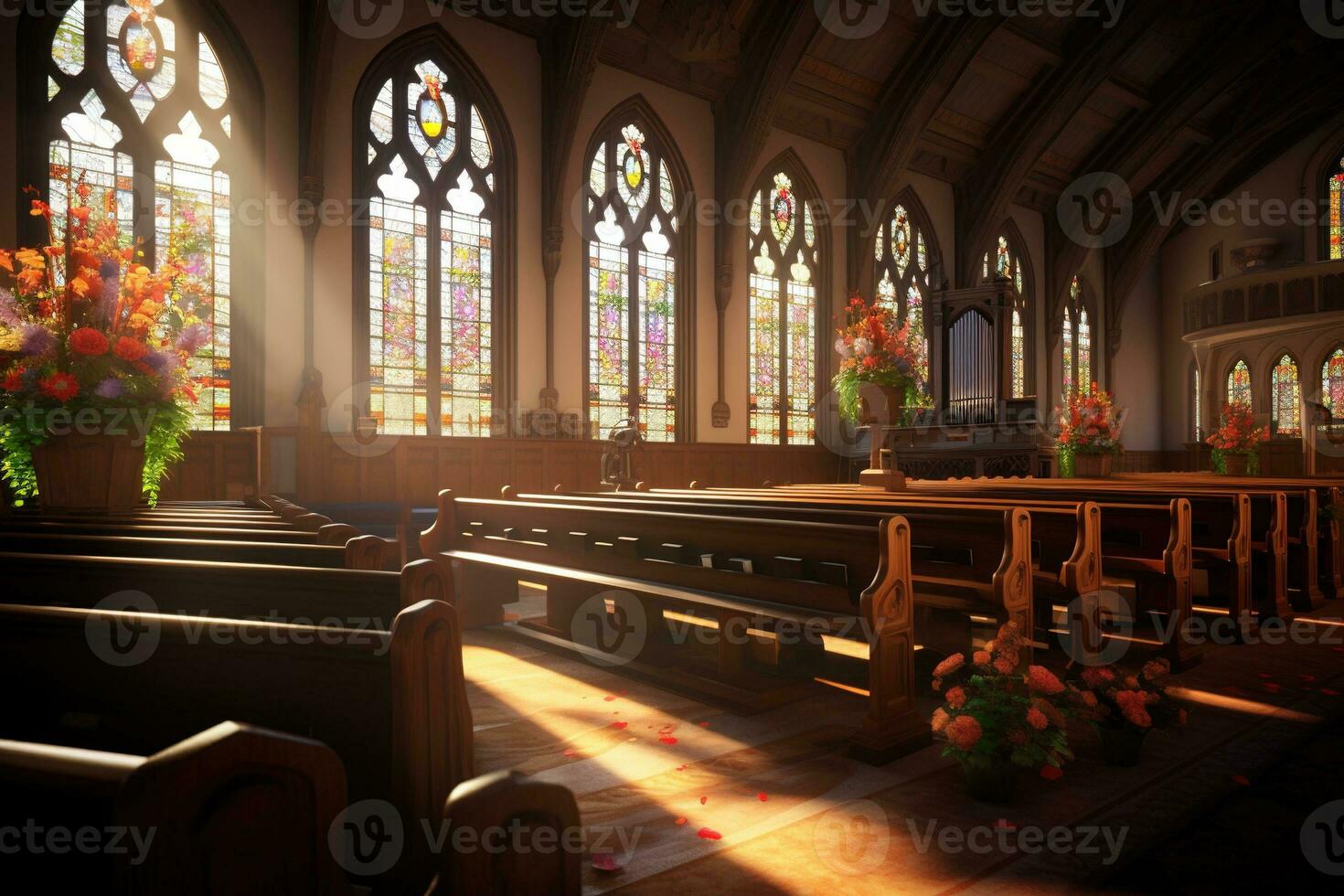 interieur van een kerk met een veel van bloemen in de voorgrond.begrafenis concept ai gegenereerd foto