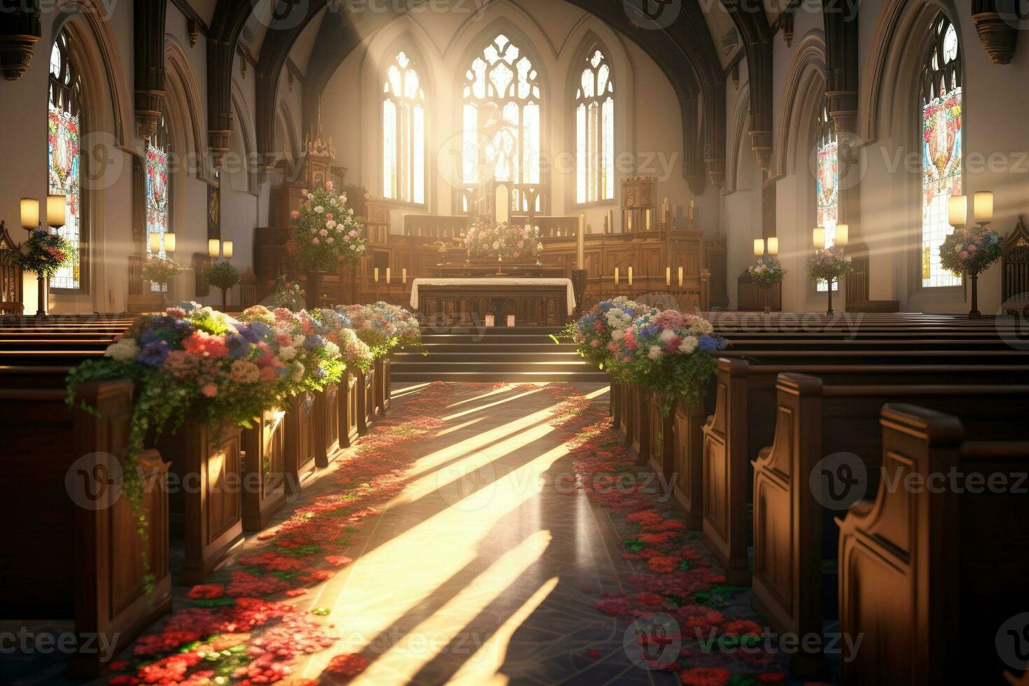 interieur van een kerk met een veel van bloemen in de voorgrond.begrafenis concept ai gegenereerd foto