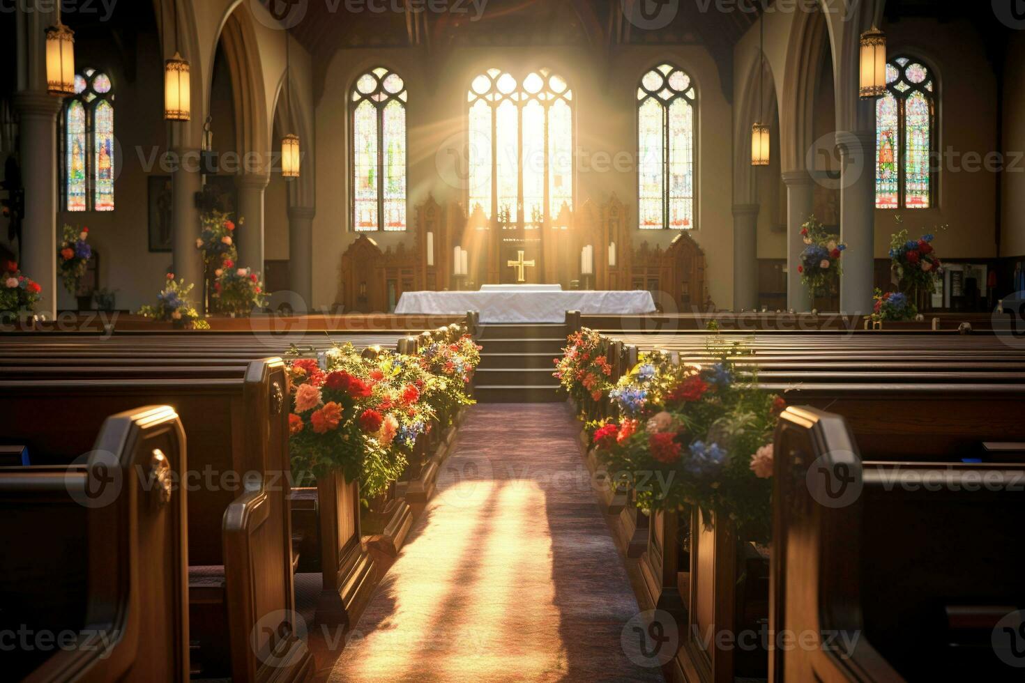 interieur van een kerk met een veel van bloemen in de voorgrond.begrafenis concept ai gegenereerd foto